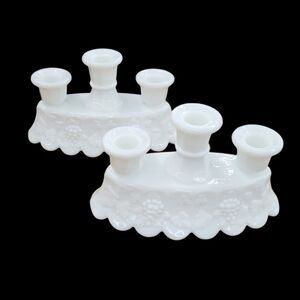 Westmoreland  1940's Light Candlestick Paneled Grape Milk Glass Set‎ of 2